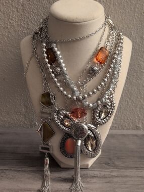 Layered Silver Statement Necklace Set with Amber Accents